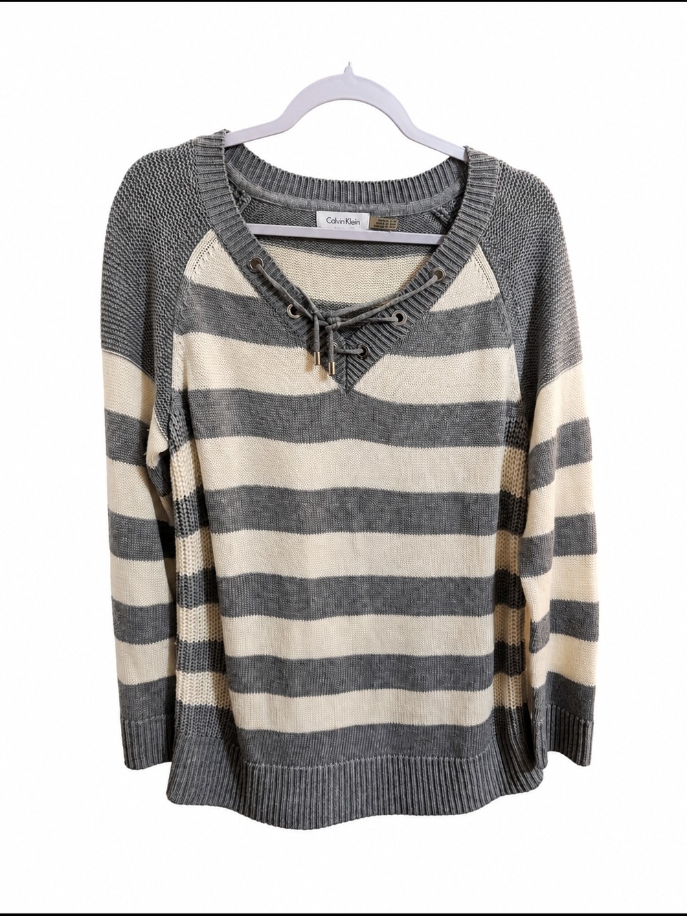 Calvin Klein Women's Gray & Cream Striped Lace-Up Sweater